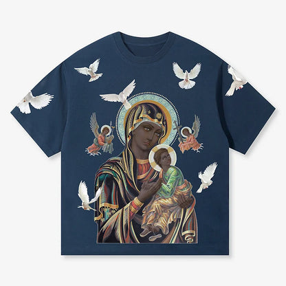 Unisex Black Madonna And Child Graphic Cotton T-Shirt