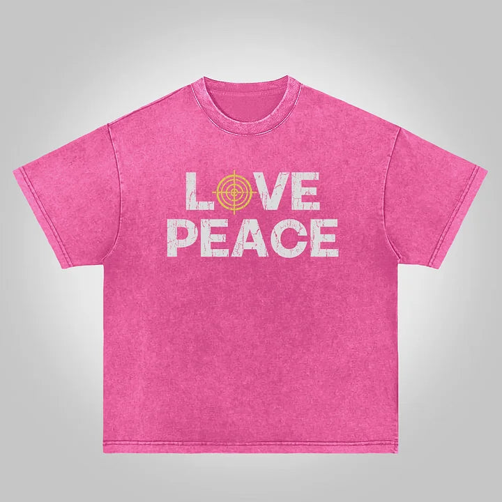 Love Peace Retro Deconstructed Gun Graphic Acid Wash T-shirt