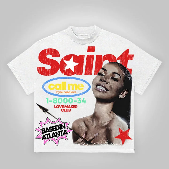 Vintage Saint Call Me If You Need Love Graphic Short T-Shirt