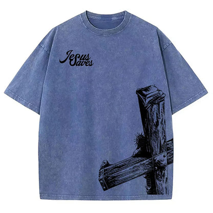 Vintage Casual Jesus Saves Graphic Acid Washed T-Shirt