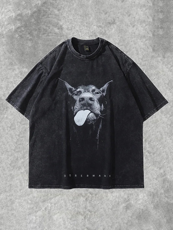 Vintage Cute Doberman Dog Graphic Acid Washed T-Shirt