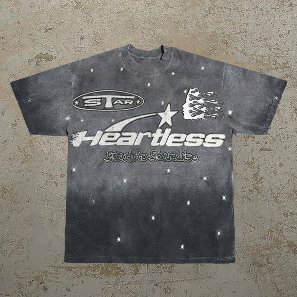 Retro Fashion Heartless Graphic Acid Washed Short Sleeve T-Shirt