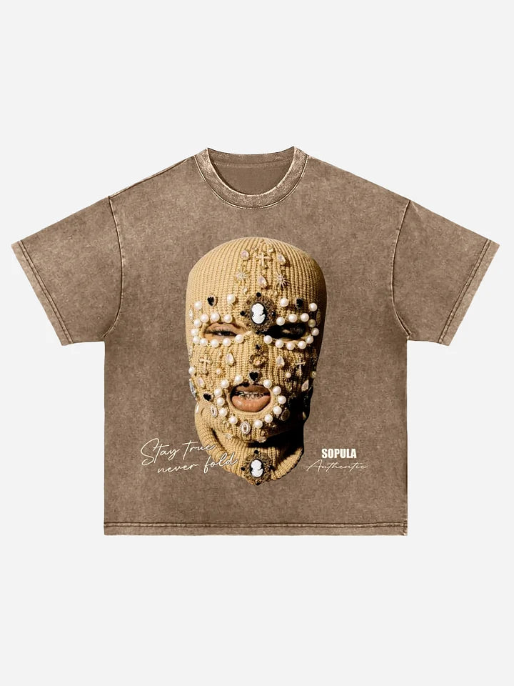 Gangster Jewelry Mask Portrait Graphic Acid Wash T-shirt