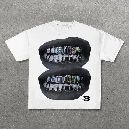 Loose Lip Print Graphic Cotton T-Shirt