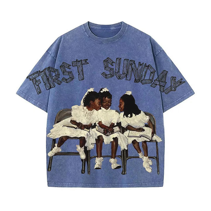 First Sunday Retro Graphic Print Acid Washed T-Shirt