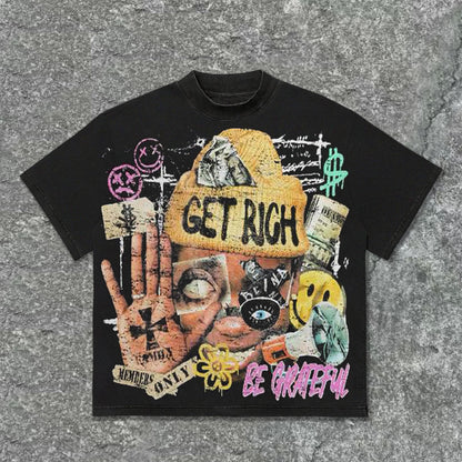 Vingate Get Rich Abstract Portrait Graphics Cotton T-Shirt