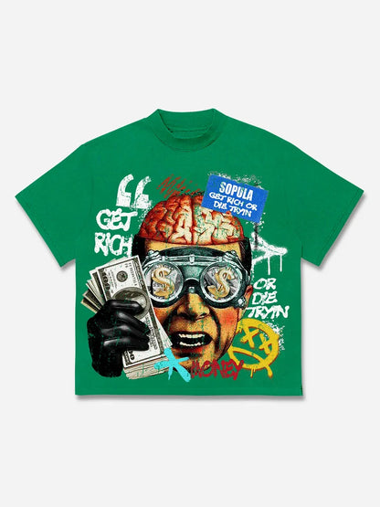 Vintage Get Rich Money Portrait Print Cotton T-shirt