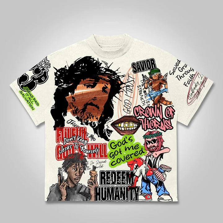 Vintage Graffiti Jesus Graphic Cotton T-shirt