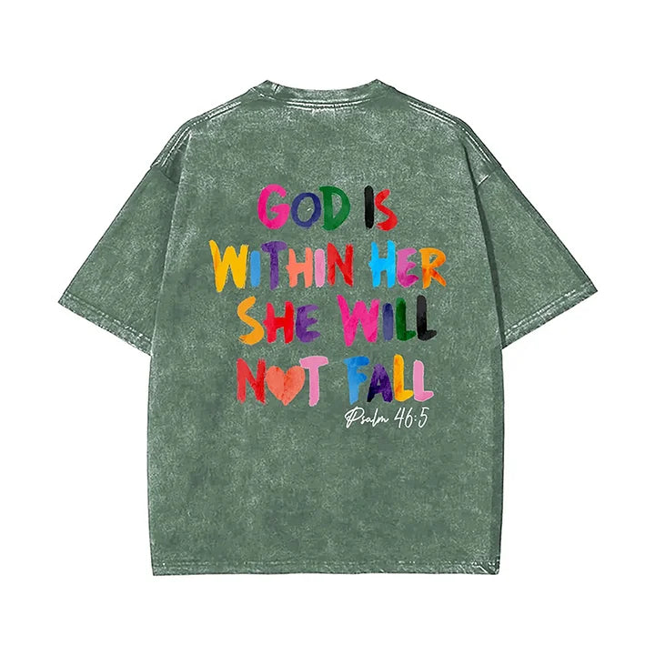 God Is Within Her She Will Not Fall Printed Washed T-Shirt