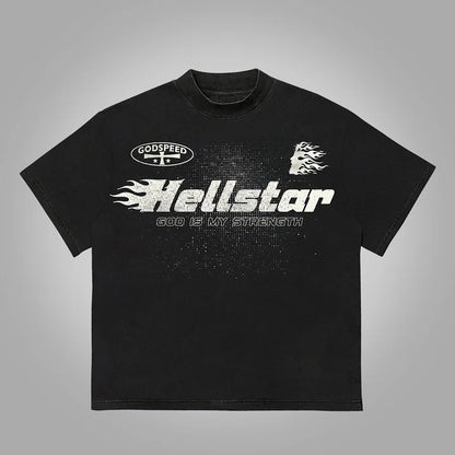 Hellstar Flame Jesus Silhouette Network Vintage Graphics Cotton T-Shirt