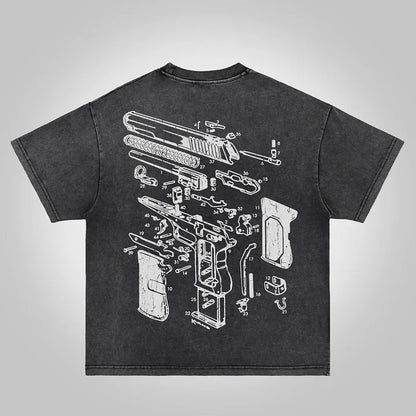 Love Peace Retro Deconstructed Gun Graphic Acid Wash T-shirt