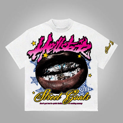 Hellstar Street Goals Lip Braces Make Vintage Printed Graphics Cotton T-Shirt