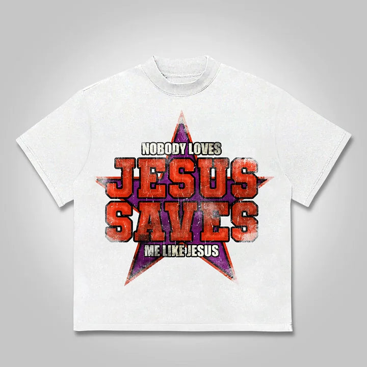 Jesus Saves Vintage Aged Star Graphic Cotton T-shirt