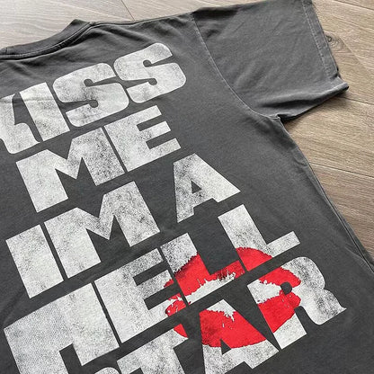 Vintage Kiss Me In Hell Star Graphic Cotton T-Shirt