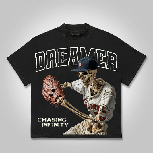 Dreamer Vintage Skeleton Baseball Player Graphic Cotton T-shirt