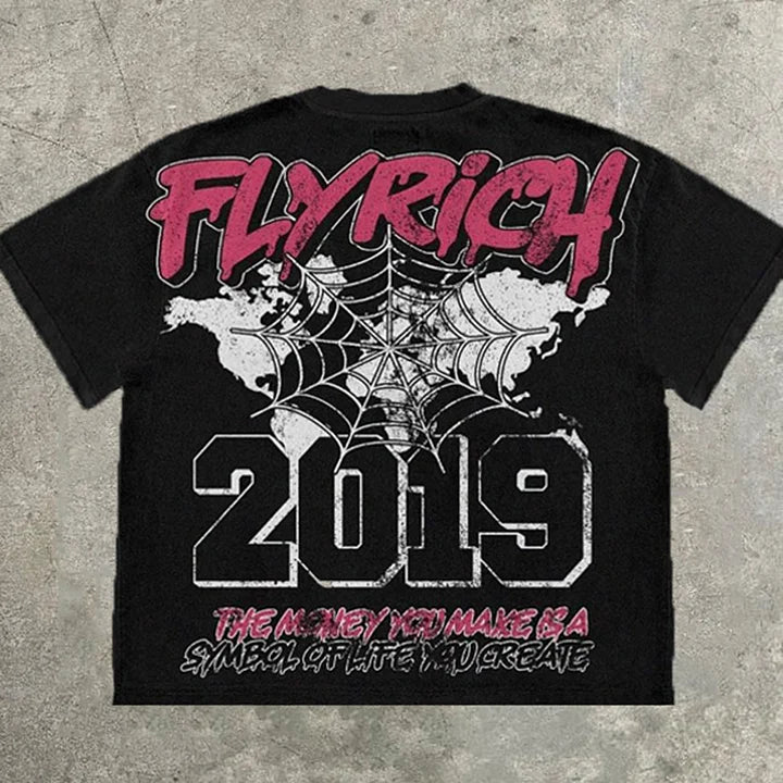 Y2k Vintage Flyrich 2019 World Graphic Cotton T-Shirt