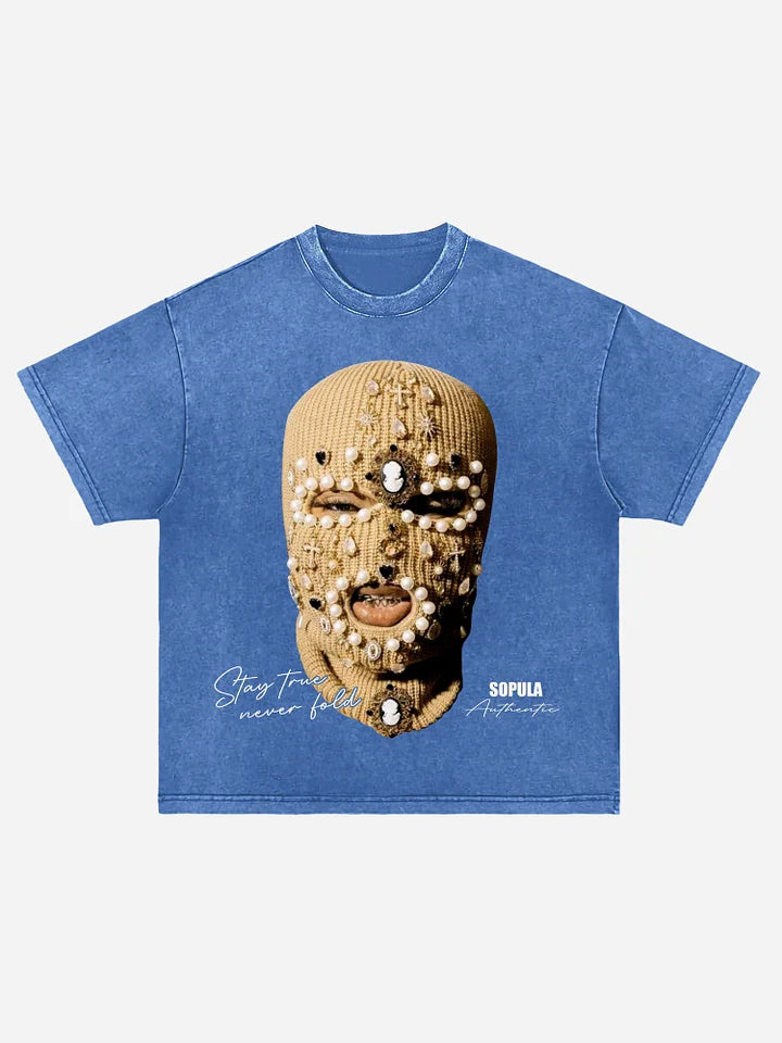 Gangster Jewelry Mask Portrait Graphic Acid Wash T-shirt