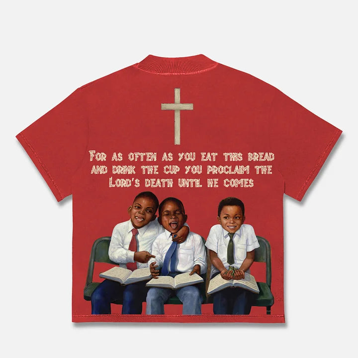 Vintage Children First Sunday Print Graphic Cotton T-Shirt