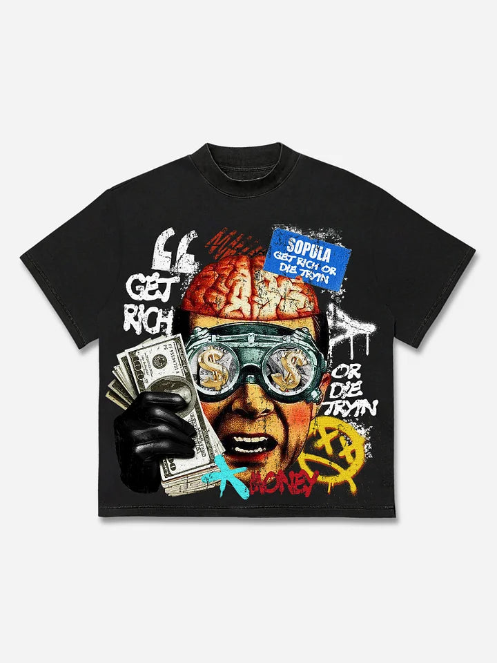 Vintage Get Rich Money Portrait Print Cotton T-shirt