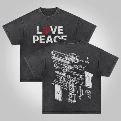 Love Peace Retro Deconstructed Gun Graphic Acid Wash T-shirt