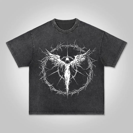 Vintage Angels Descend Cross Graphic Acid Washed T-shirt