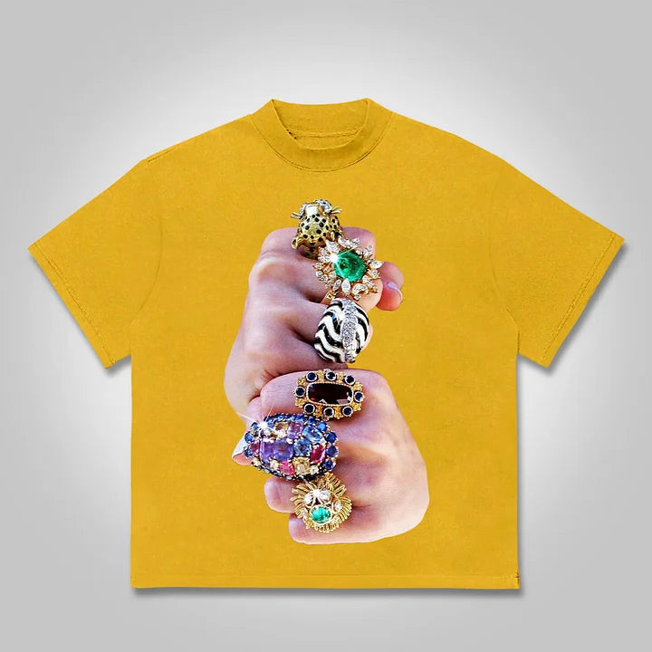 Finger Graffiti Diamond Ring Print Cotton T-shirt