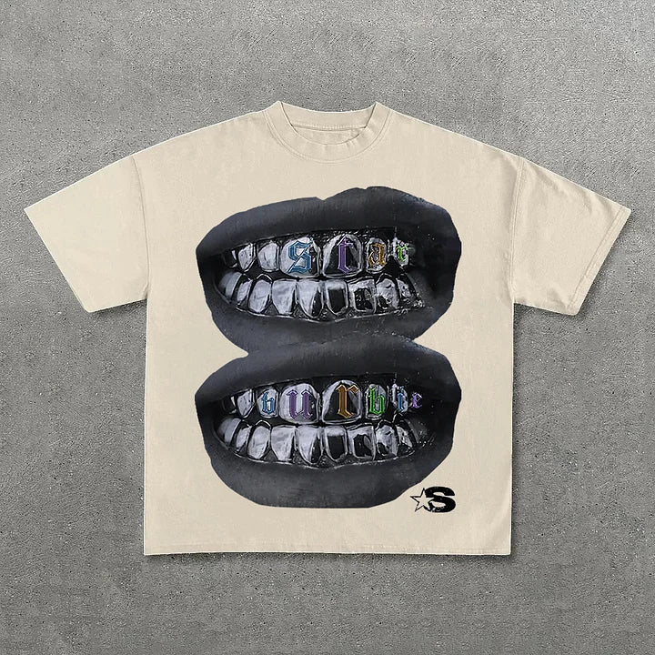 Loose Lip Print Graphic Cotton T-Shirt