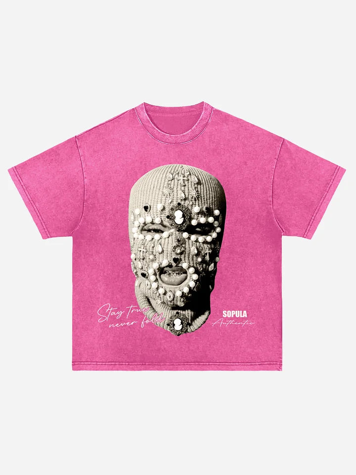 Gangster Jewelry Mask Portrait Graphic Acid Wash T-shirt