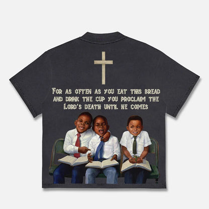 Vintage Children First Sunday Print Graphic Cotton T-Shirt