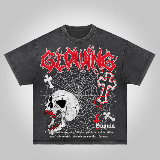 Vintage Skull Spider Web Cross Acid Washed T-shirt