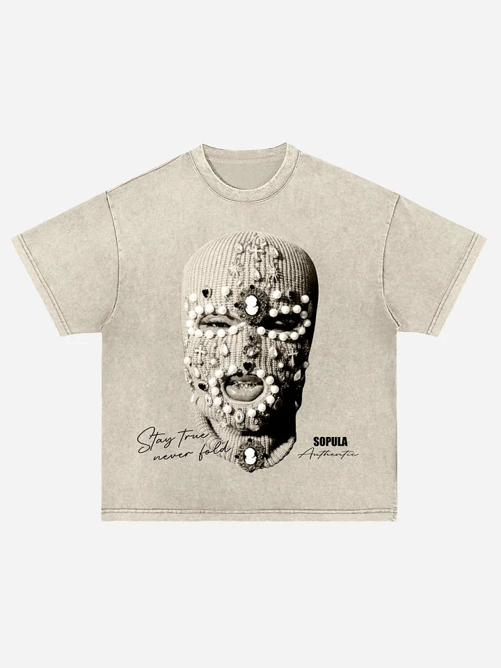 Gangster Jewelry Mask Portrait Graphic Acid Wash T-shirt