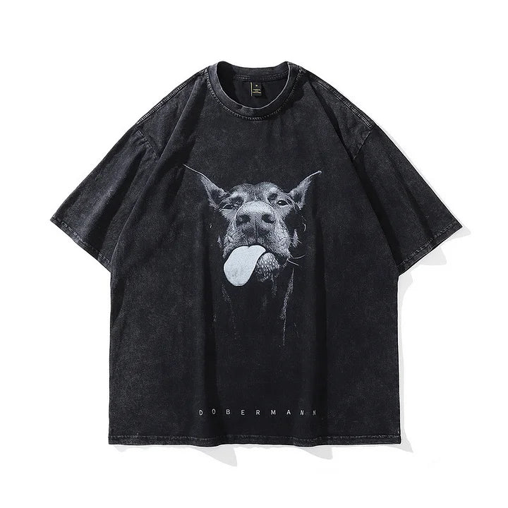 Vintage Cute Doberman Dog Graphic Acid Washed T-Shirt