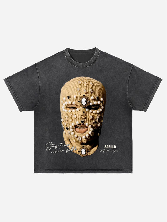 Gangster Jewelry Mask Portrait Graphic Acid Wash T-shirt