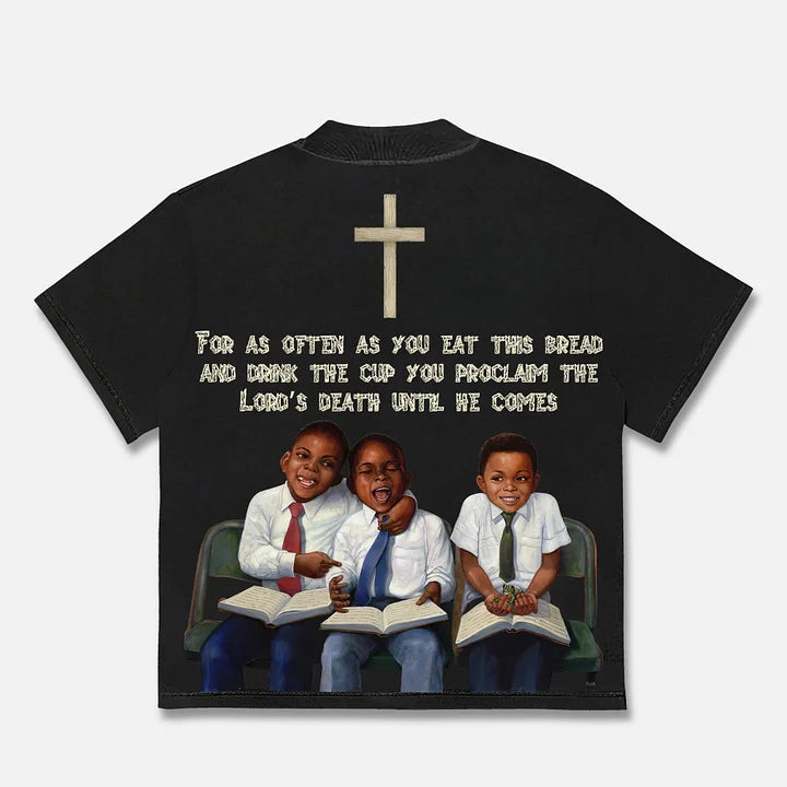 Vintage Children First Sunday Print Graphic Cotton T-Shirt