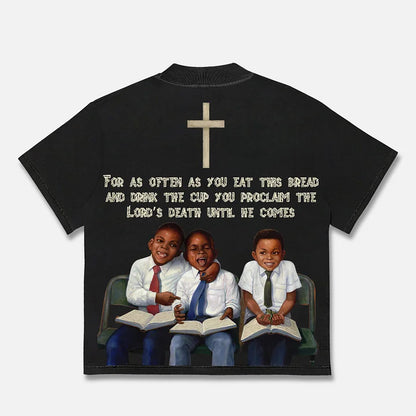 Vintage Children First Sunday Print Graphic Cotton T-Shirt