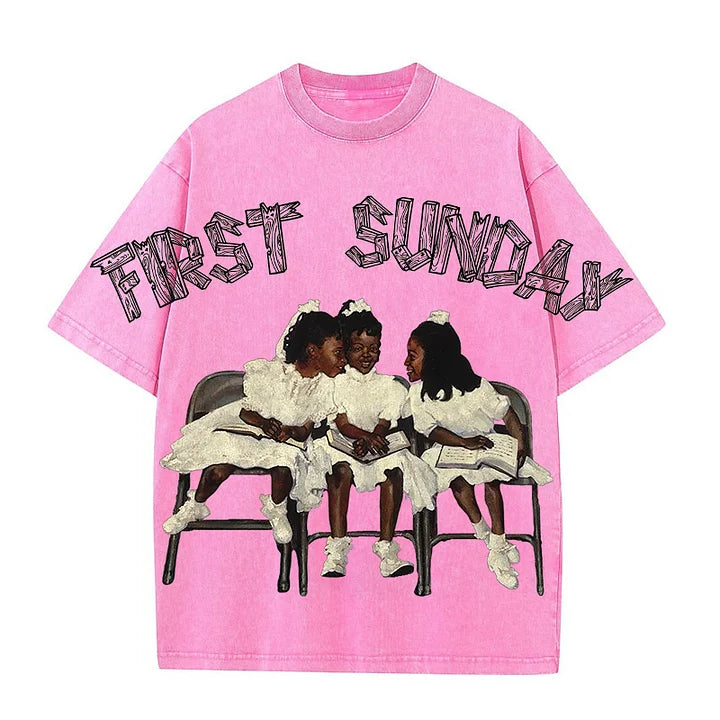 First Sunday Retro Graphic Print Acid Washed T-Shirt