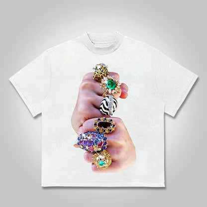 Finger Graffiti Diamond Ring Print Cotton T-shirt