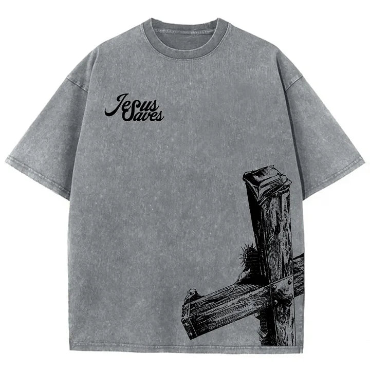 Vintage Casual Jesus Saves Graphic Acid Washed T-Shirt