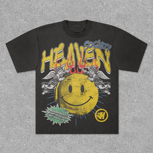 Vintage Unisex Smiley Heaven Graphic Casual Cotton T-Shirt