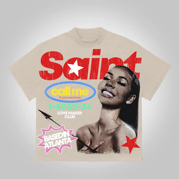 Vintage Saint Call Me If You Need Love Graphic Short T-Shirt