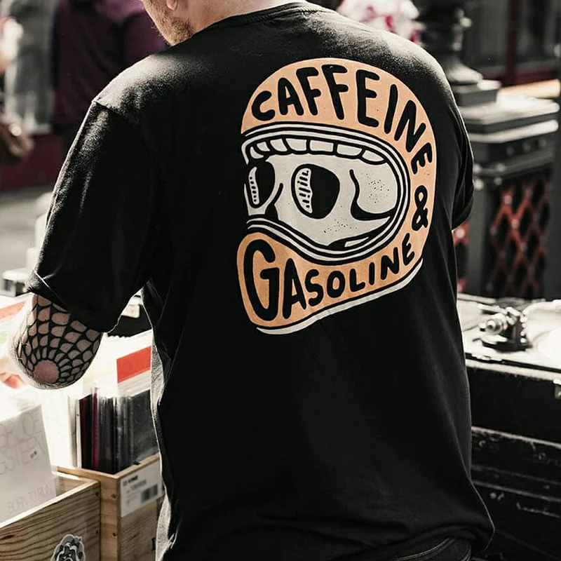 Caffeine & Gasoline Skull Print Black T-Shirt