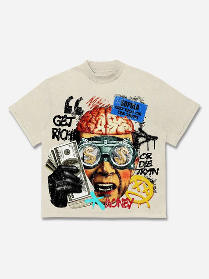 Vintage Get Rich Money Portrait Print Cotton T-shirt