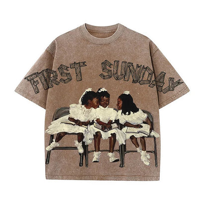 First Sunday Retro Graphic Print Acid Washed T-Shirt