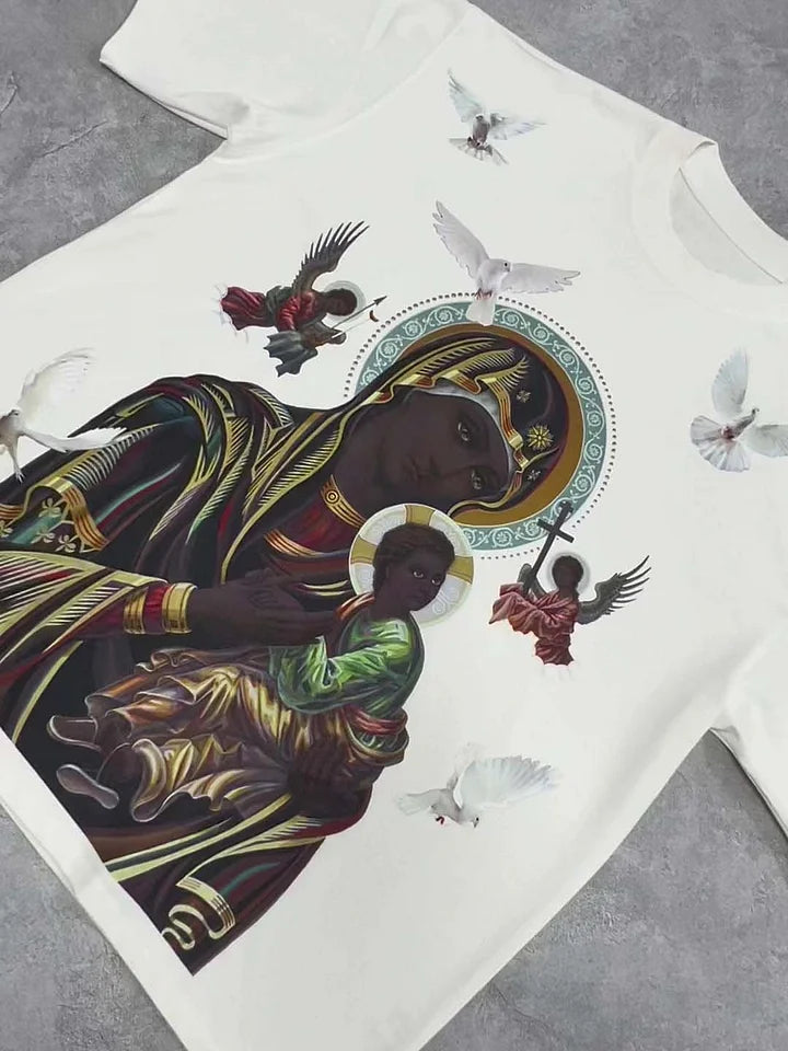 Unisex Black Madonna And Child Graphic Cotton T-Shirt