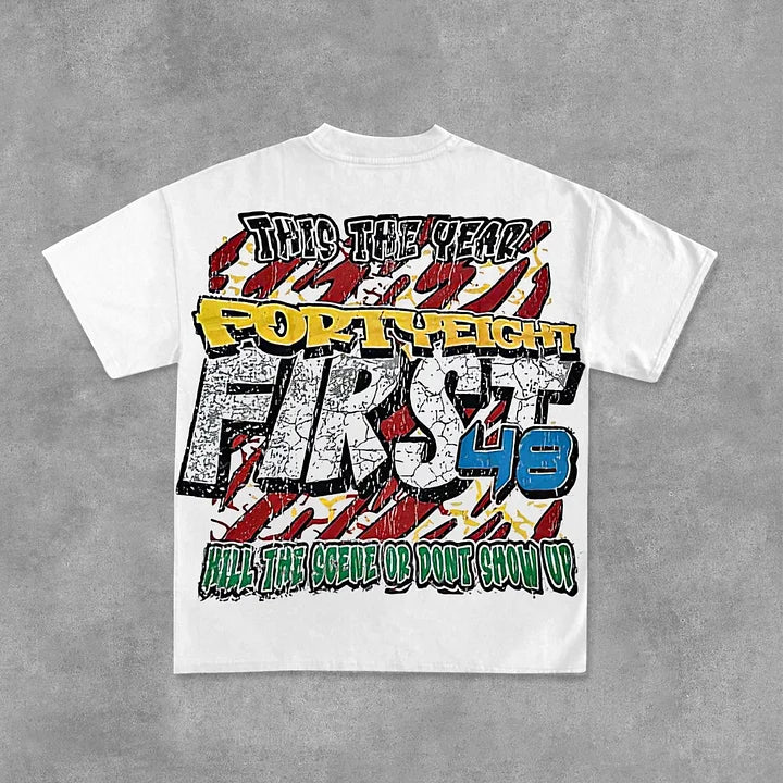 Retro First Number 48 Graphic Cotton T-Shirt