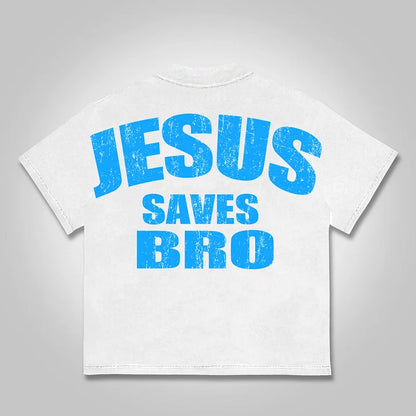 Vintage Jesus Saves Bro Graphics Print Cotton T-shirt