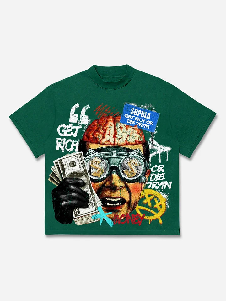 Vintage Get Rich Money Portrait Print Cotton T-shirt