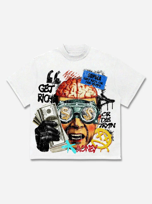 Vintage Get Rich Money Portrait Print Cotton T-shirt