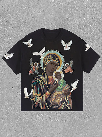 Unisex Black Madonna And Child Graphic Cotton T-Shirt