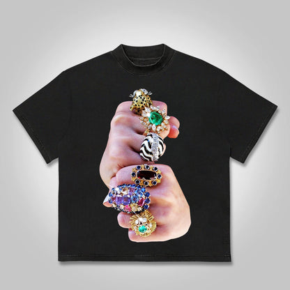 Finger Graffiti Diamond Ring Print Cotton T-shirt